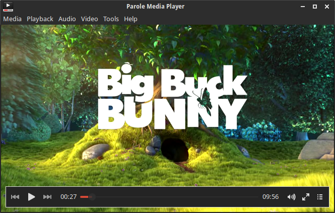 Parole Media Player 0.6.1 displayed with the Numix GTK theme, playing Big Buck Bunny.