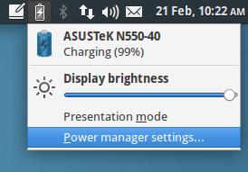 The power manager panel plugin allows quick brightness settings and shows battery life for attached devices.