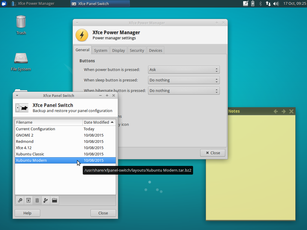 Xfce Panel Switch, Power Manager, and Notes