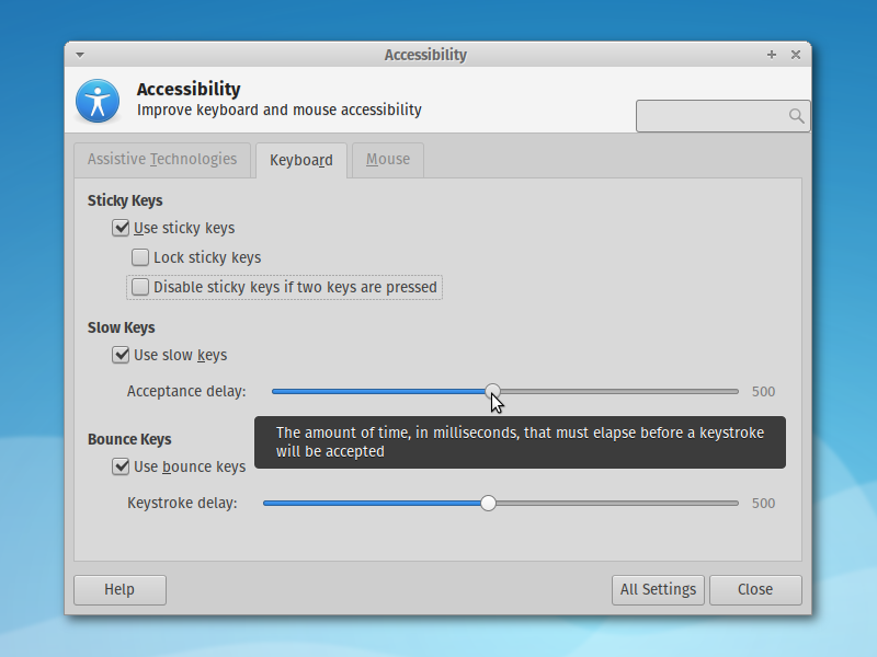 The Accessibility settings dialog