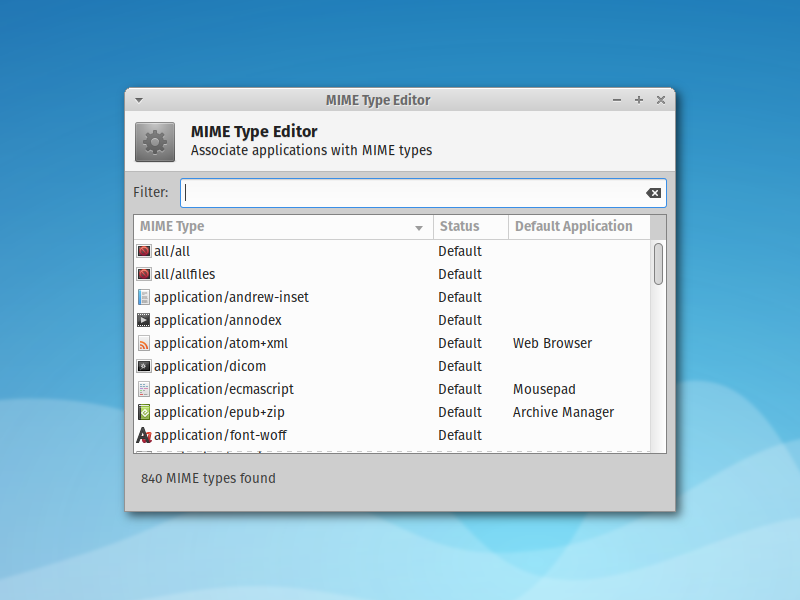 The Mime Type editor from Xfce Settings 4.13.0