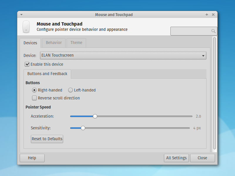 The Mouse and Touchpad settings dialog