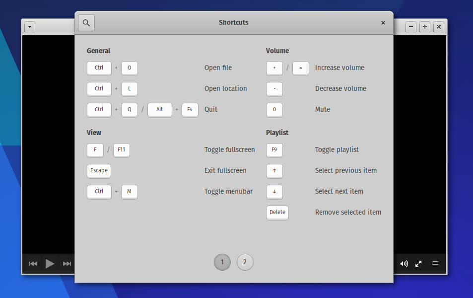 Parole's new keyboard shortcut dialog makes the shortcuts discoverable.