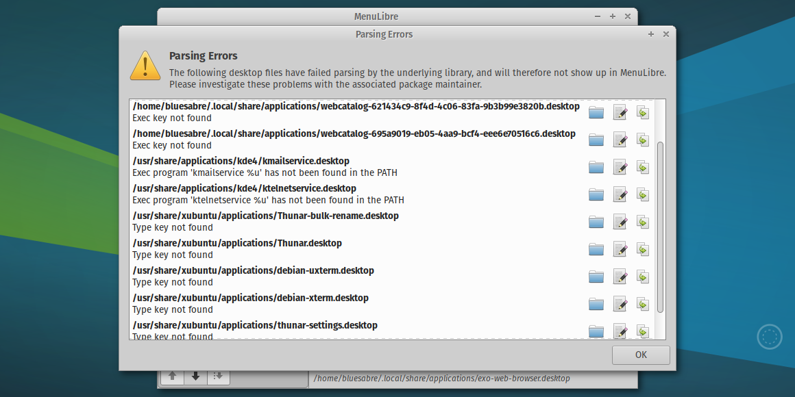 The Parsing Errors dialog in MenuLibre simplifies menu cleanup and debugging.