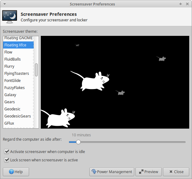 The preferences dialog features screensavers from the Xscreensaver project.