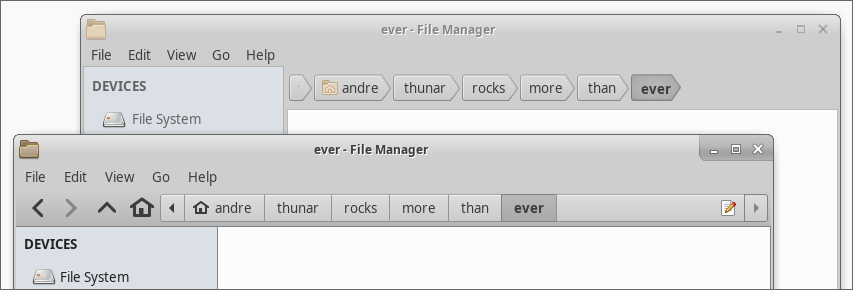 A comparison of Thunar’s old and new pathbar. Image credit: Andre Miranda (see link to Thunar 1.8 release announcement)