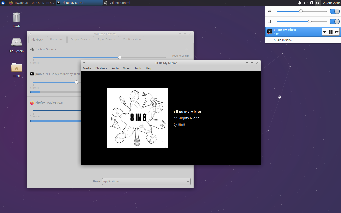 Parole Media Player will play nearly any content you send its way. The PulseAudio Plugin provides easy access to audio inputs and outputs and includes media controls for active media players. Once the plugin is installed, support for the Plasma Browser Integration plugin is included.