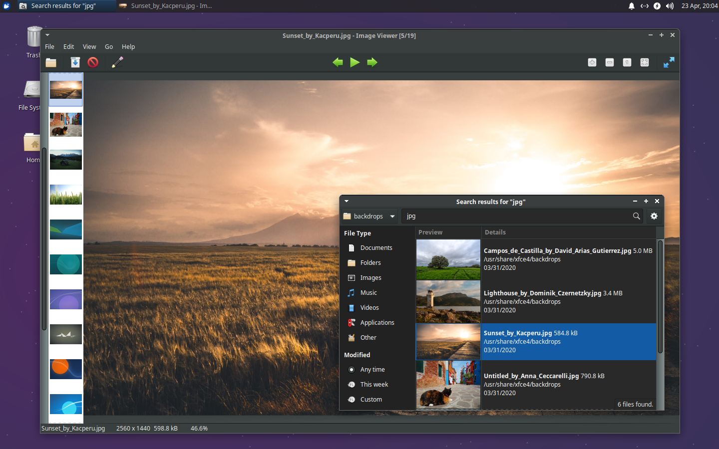 Catfish (front) is a lightweight and speedy search tool. Ristretto makes viewing any image fast and efficient.