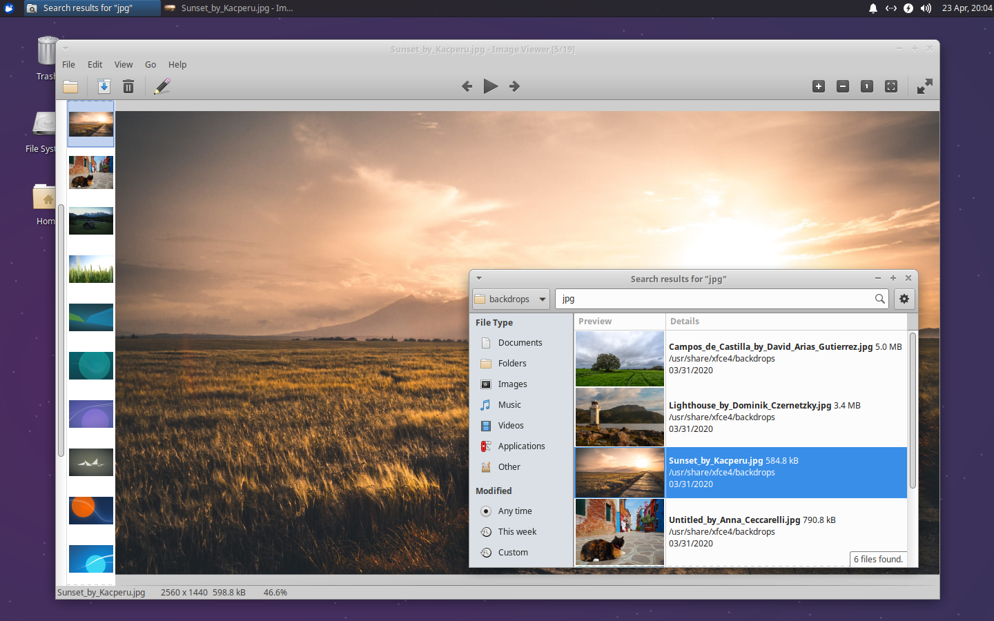 Catfish (front) is a lightweight and speedy search tool. Ristretto makes viewing any image fast and efficient.