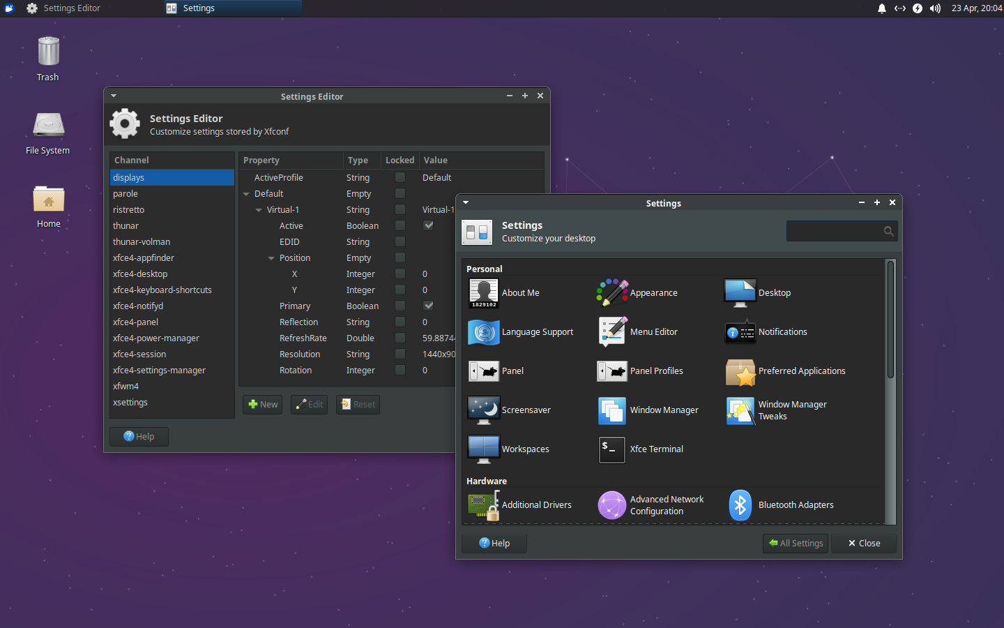 The Xfce Settings Manager collects all of your preferences in one place. The Settings Editor enables advanced editing.