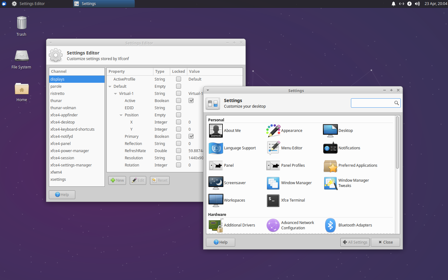 The Xfce Settings Manager collects all of your preferences in one place. The Settings Editor enables advanced editing.