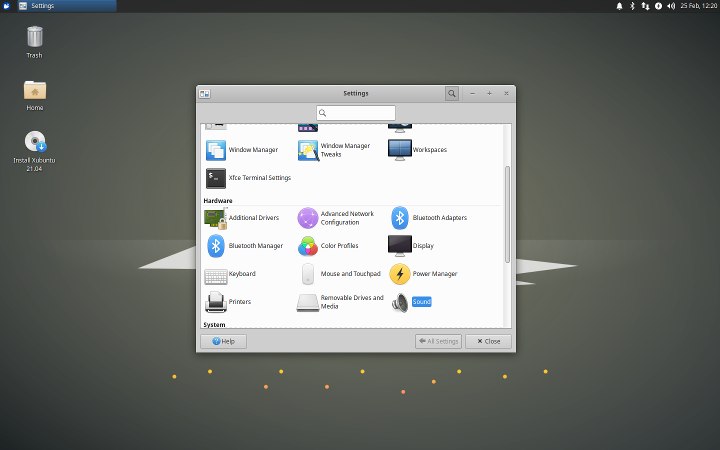 Xfce Settings Manager with the new Sound entry and dropdown search.