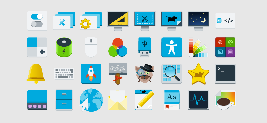 Xfce 4.16’s new visual identity. A consistent set of icons based on a shared palette and design principles.