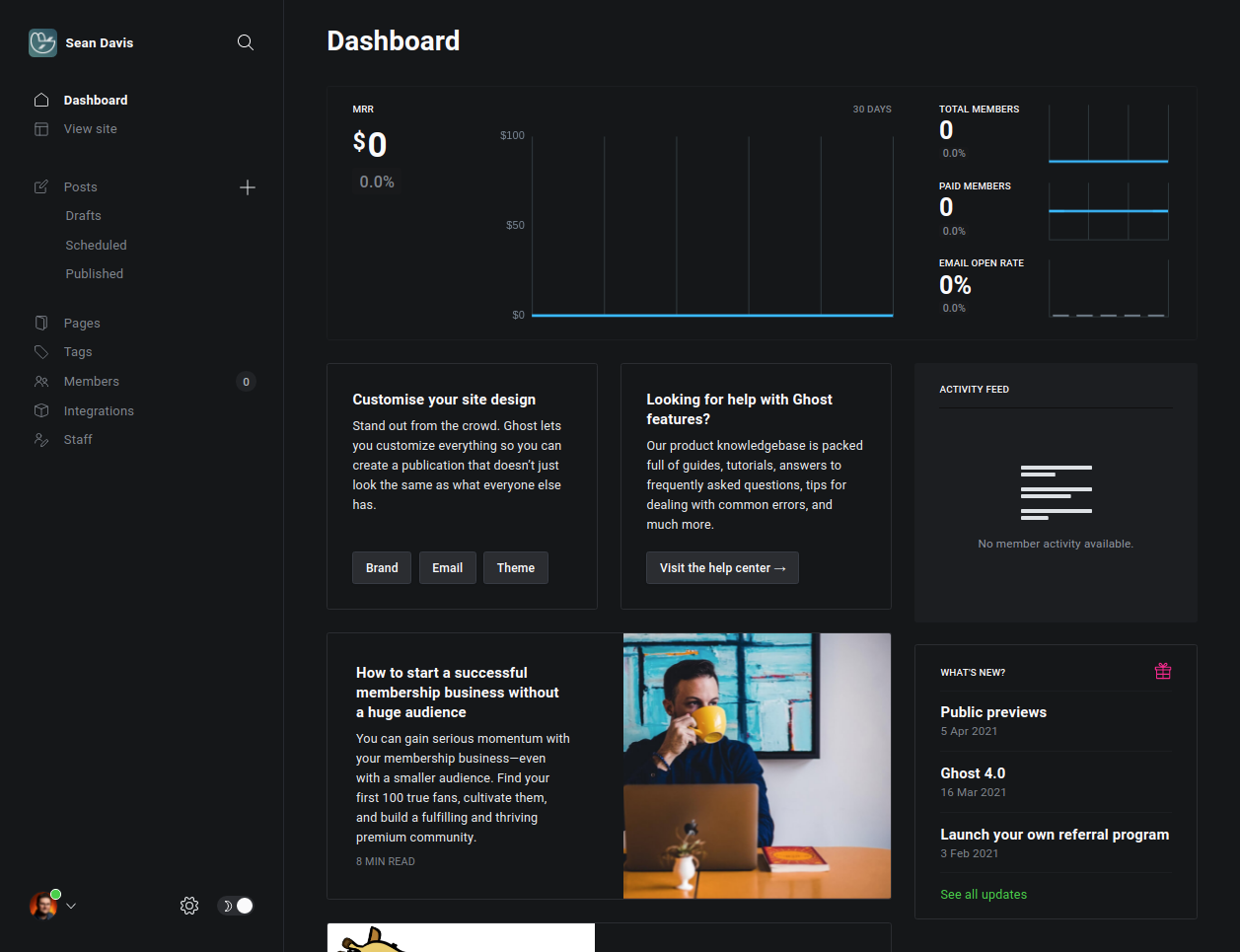 The new Ghost dashboard. If you’re not monetizing your content, there’s not much here for now.