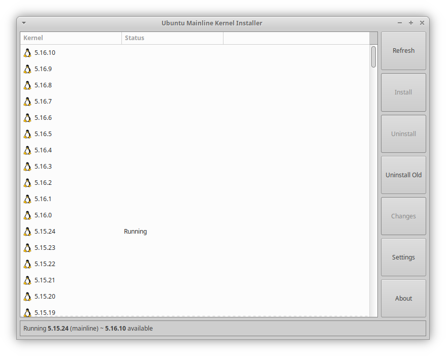 The application interface is pretty straightforward. Select a kernel version, click Install, and it will be installed!