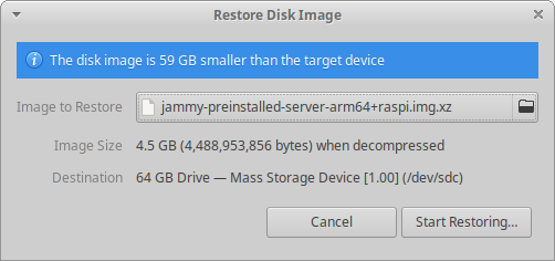 Click the button next to `Image to Restore` and navigate to your `img.xz` file. Click `Start Restoring…`