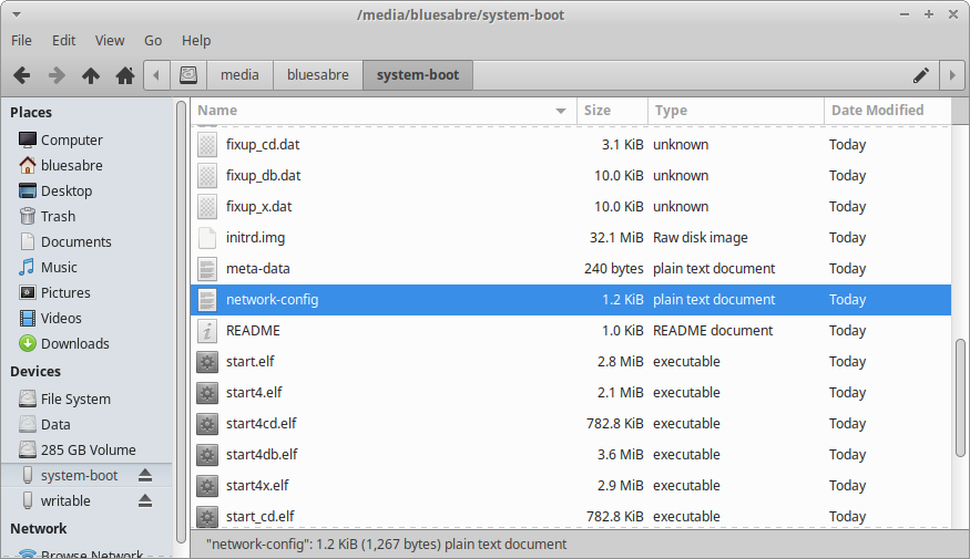 Navigate to the `network-config` file on `system-boot` and open it in a text editor.