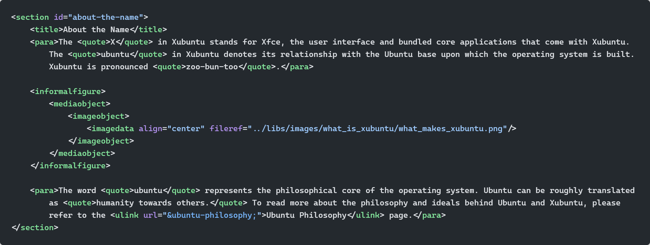 Docbook: A section with a title, two paragraphs, and an image requires a lot of code.