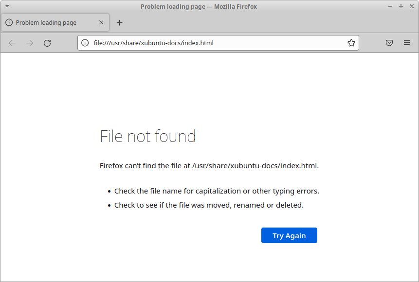 Attempting to load the new Xubuntu Docs today will show a “File not found” in the Snap-packaged Firefox or Chromium browsers.