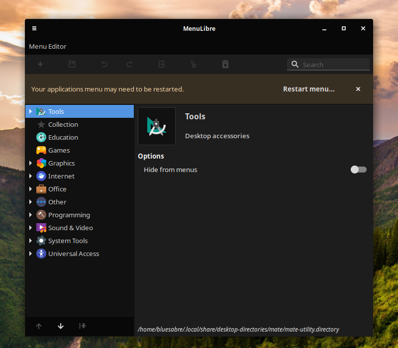 MenuLibre can automatically restart the applications menu in supported desktop environments to apply any additional updates.