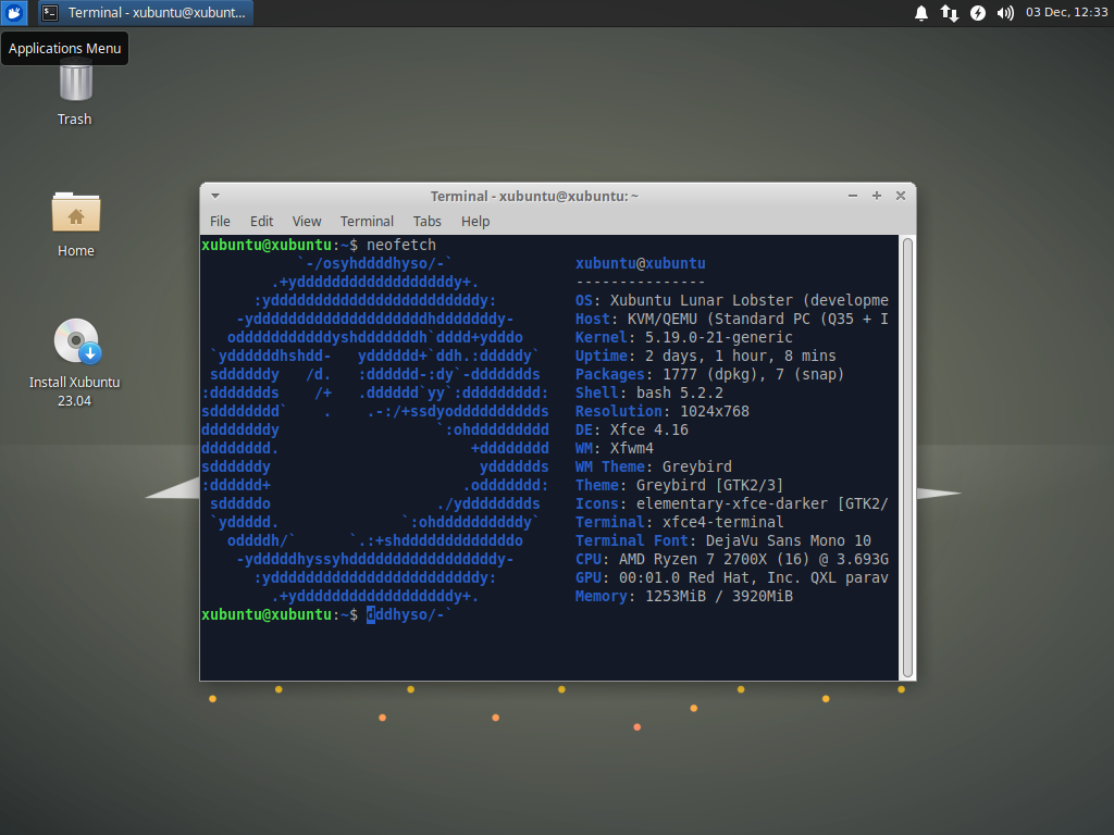 The Xubuntu 23.04 desktop is displayed. The Xfce Terminal shows the output from neofetch. The Whisker Menu is highlighted with its 'Applications Menu' tooltip displayed.