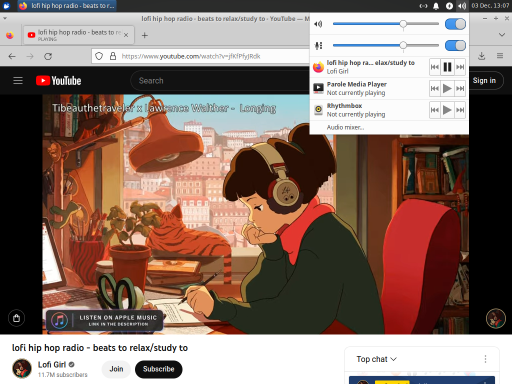 The Firefox web browser is open and playing 'lofi hip hop radio - beats to relax/study to' on YouTube. The Xfce PulseAudio Plugin is displayed on top showing volume levels and playback controls.