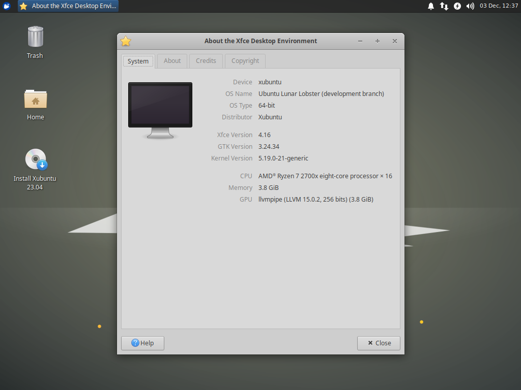 The Xubuntu 23.04 desktop is displayed. The About Xfce dialog is open and shows the computer name, operating system and hardware details, and the newly added GTK and Kernel versions.