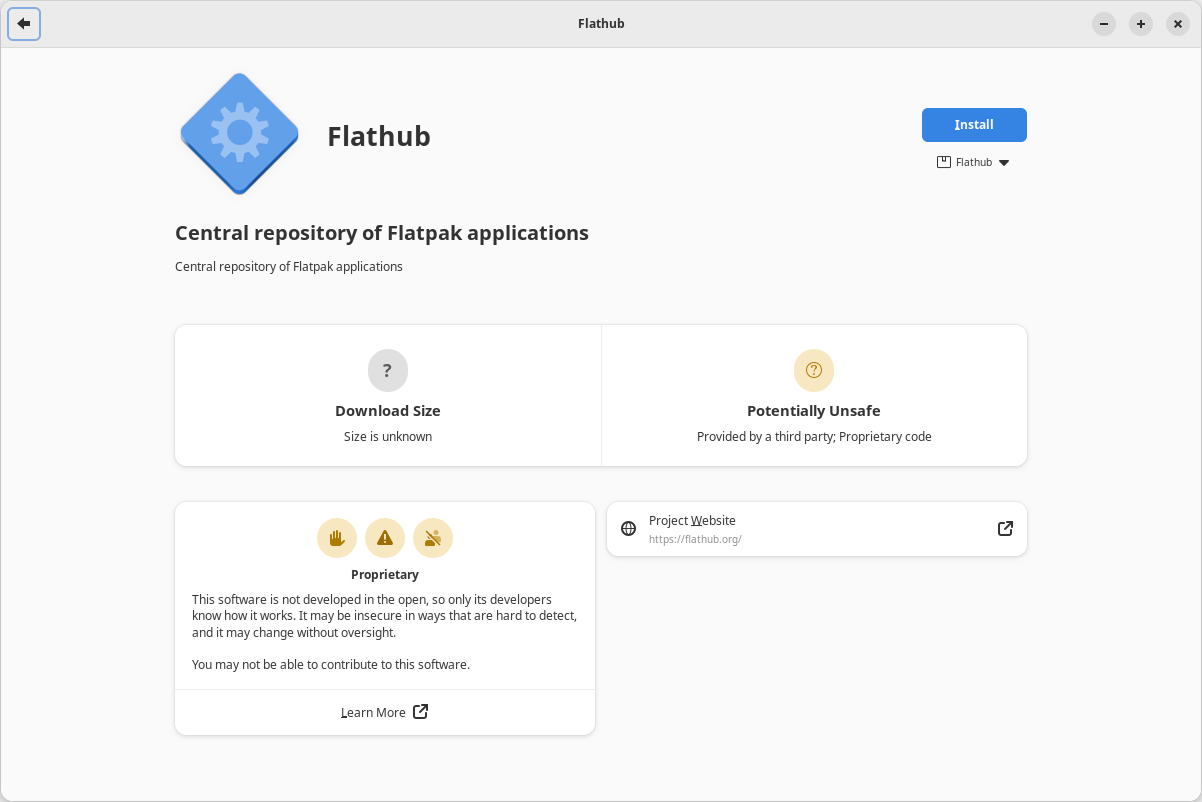 Opening the .flatpakrepo file will launch GNOME Software, ready to add the Flathub repository to your system.