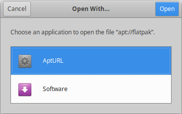 Firefox users may see the `Open With...` dialog first. Select AptURL and then continue with your installation.