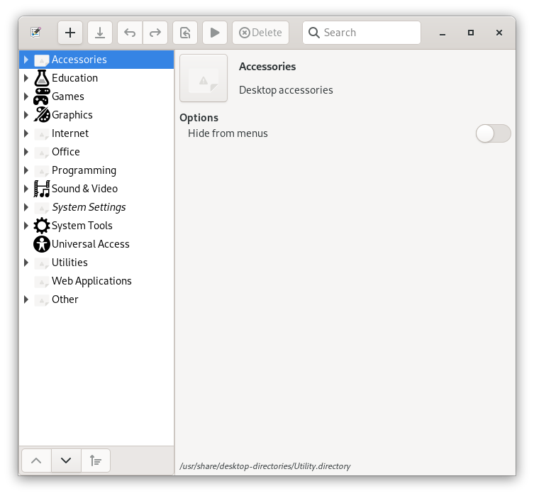 MenuLibre 2.3.0 (the previous release), as seen on Fedora 38. Broken icons can be seen as soon as MenuLibre starts.