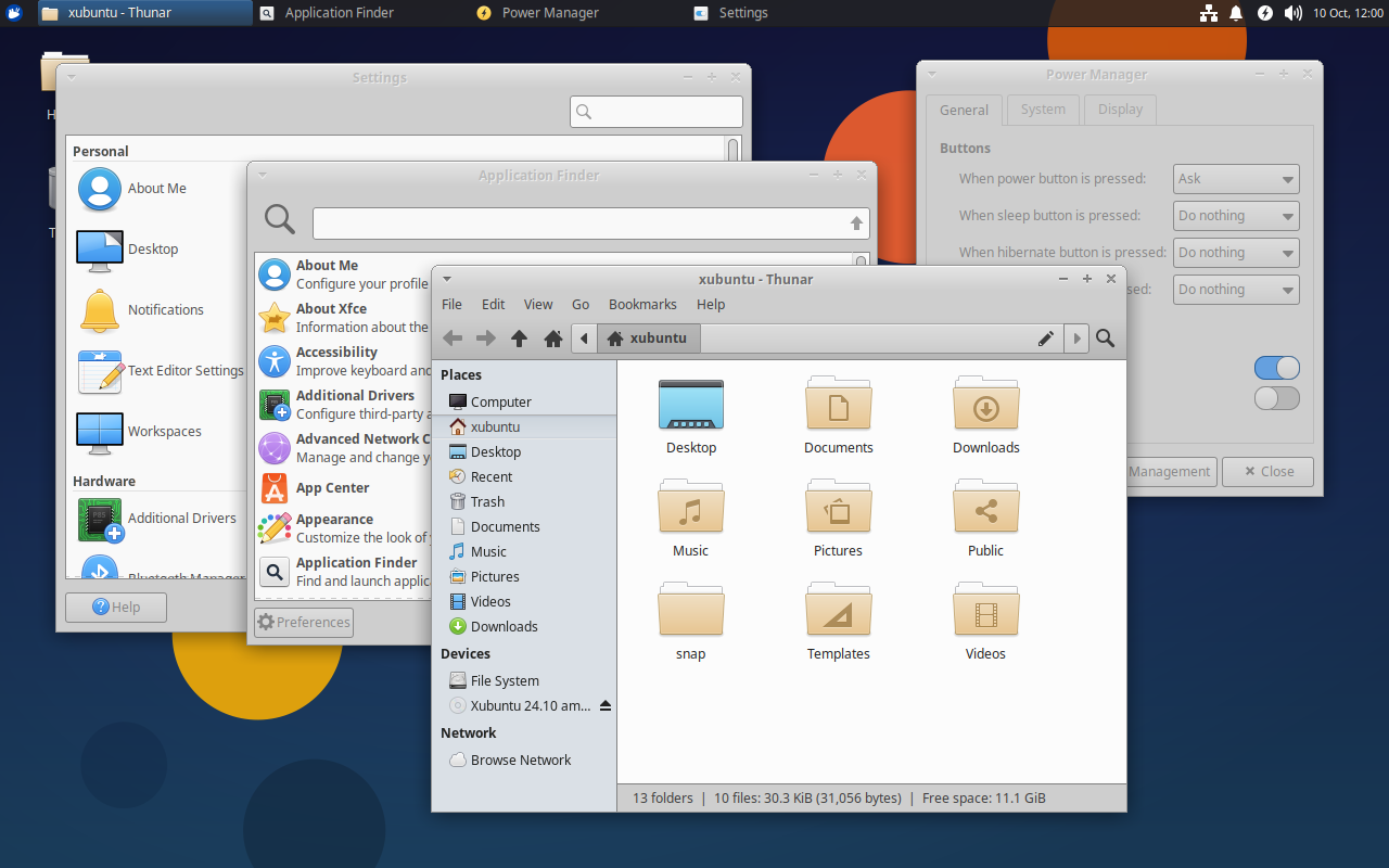 Xfce 4.19 apps are displayed from left-to-right: Settings, App Finder, Thunar, and Power Manager