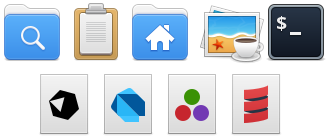 A collection of updated icons. From left-to-right, top-to-bottom: Catfish, Clipman, File Manager, Ristretto, Terminal, Crystal, Dart, Julia, Scala