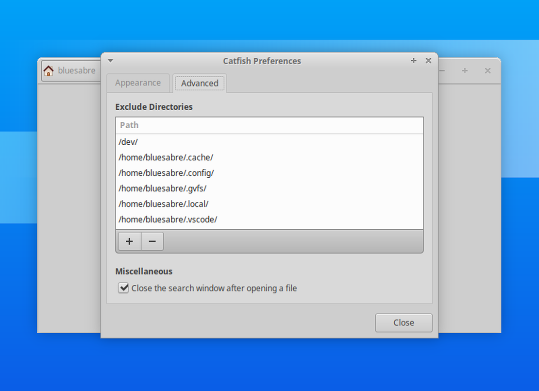 The Catfish Preferences dialog, showing the Advanced settings