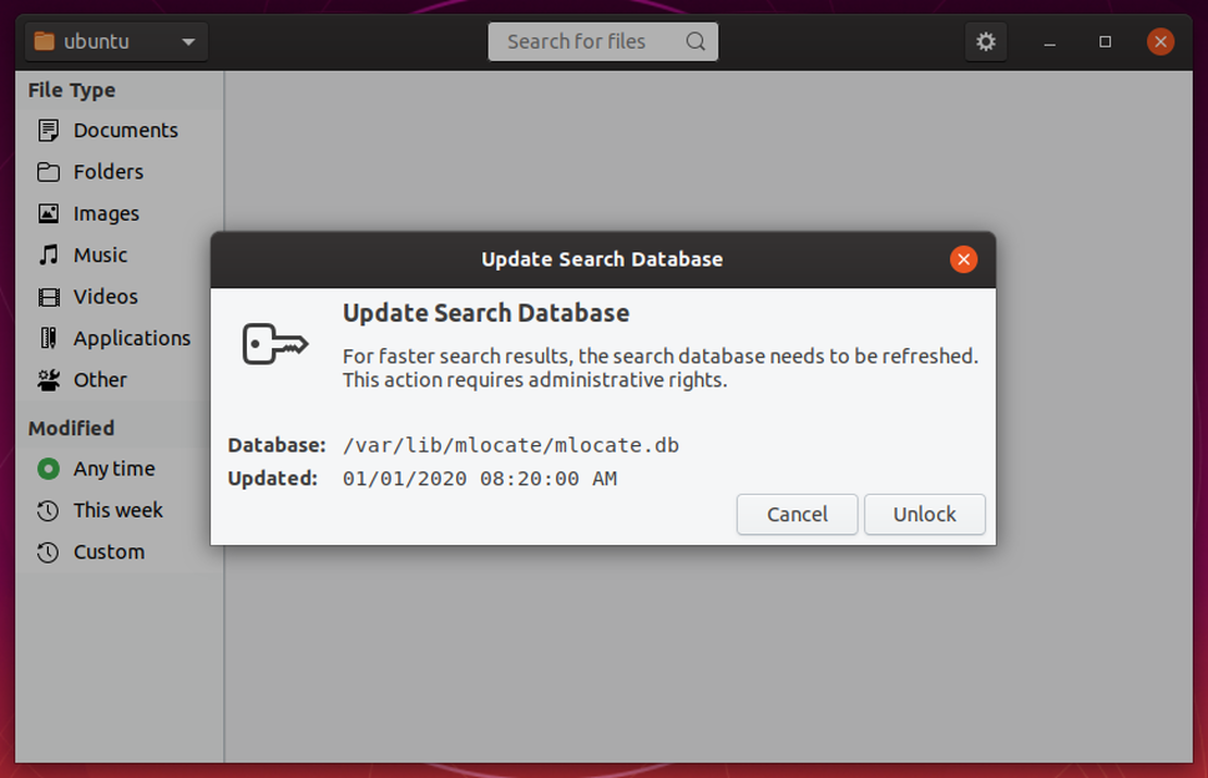 The Catfish Update Search Database dialog, showing the current database details