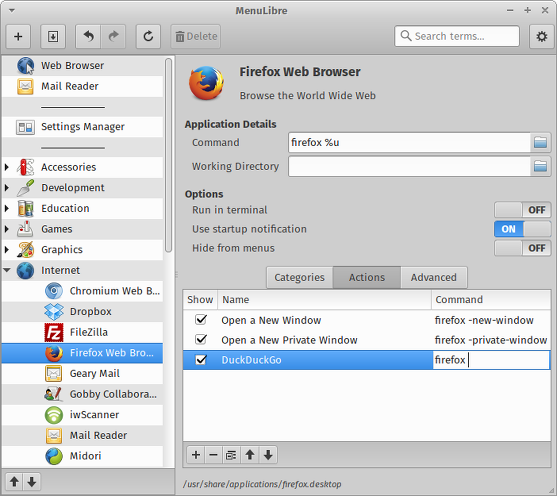 MenuLibre's action editor is the easiest way to add shortcuts to an application launcher.