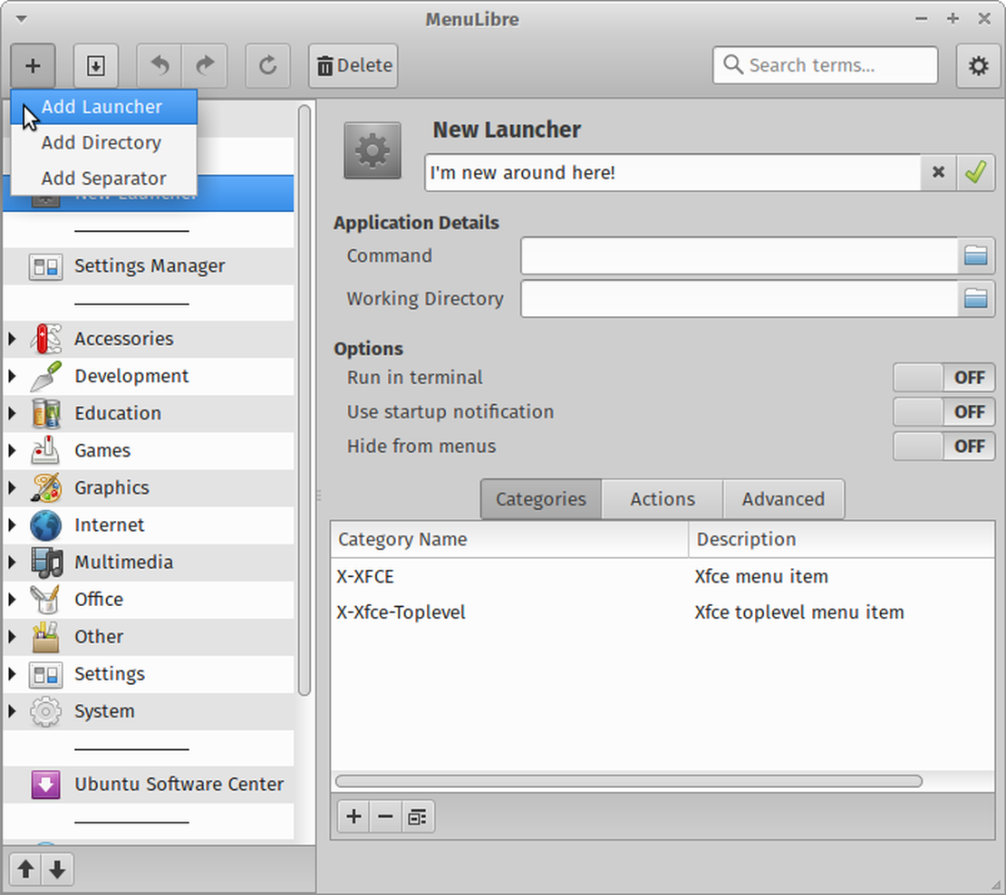 The add menu houses options for new launchers, directories, and separators.