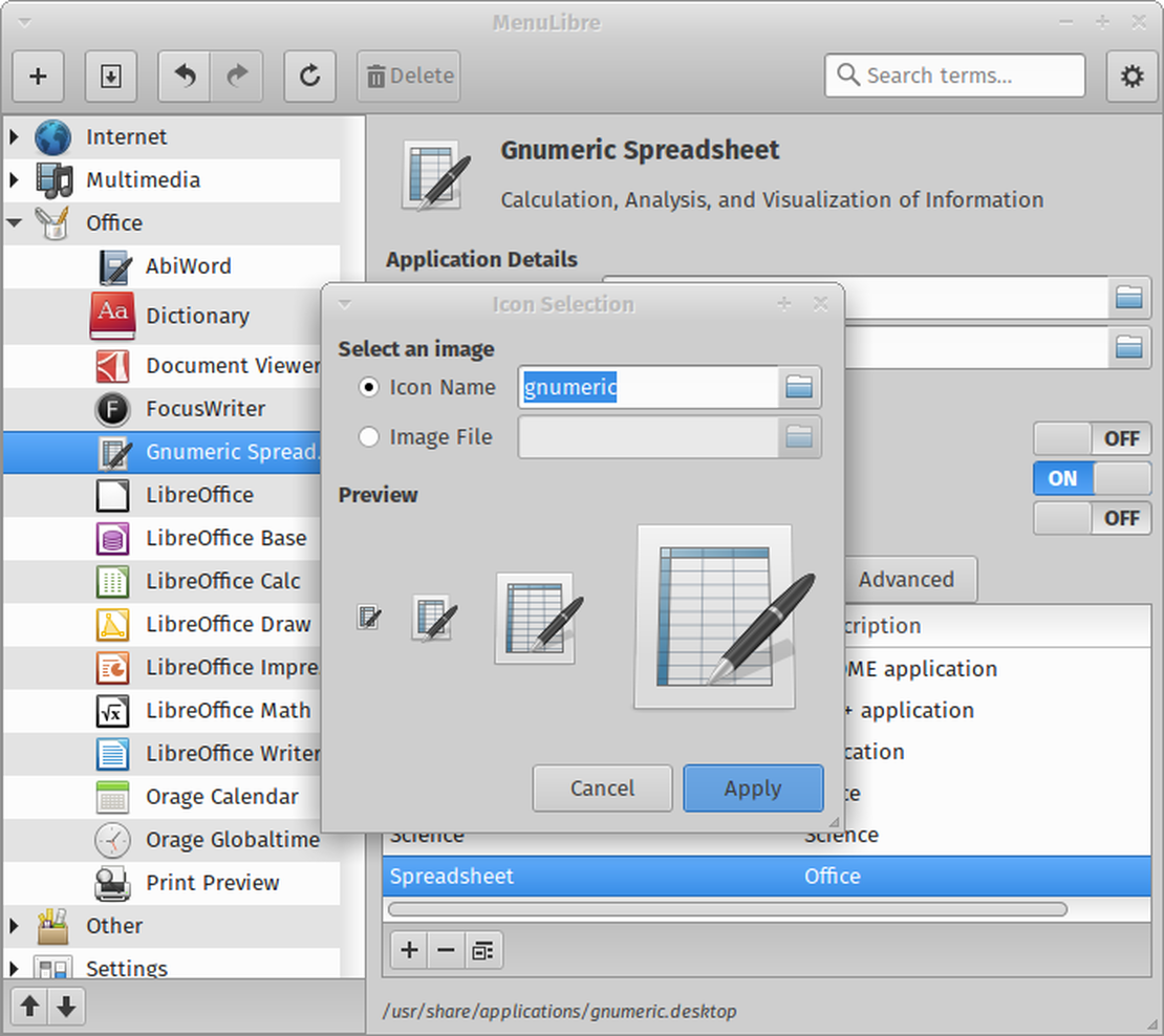 The icon dialog previews the launcher icon at multiple sizes and allows you to enter an icon name or select an image file.