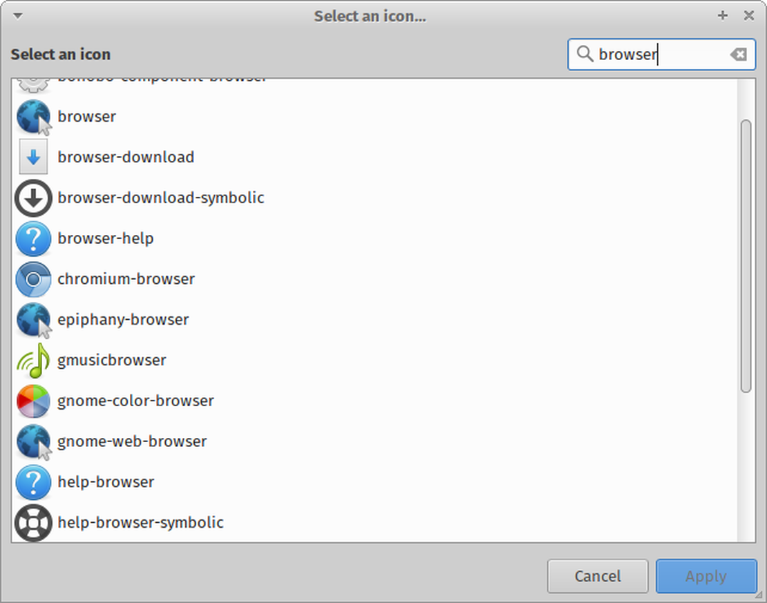 The icon selection dialog includes a browser for all icons present in your current icon theme.